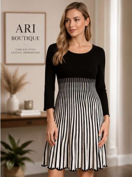 Calvin Klein Black & White Fit & Flare Sweater Dress Small